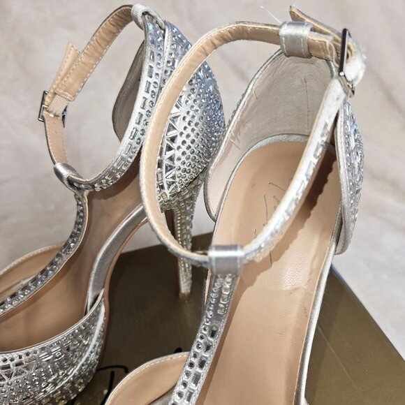 Thalia Sodi Silver Rhinestone Studded High Heel T-Strap Peep Toe Shoes 7M - Picture 6 of 14